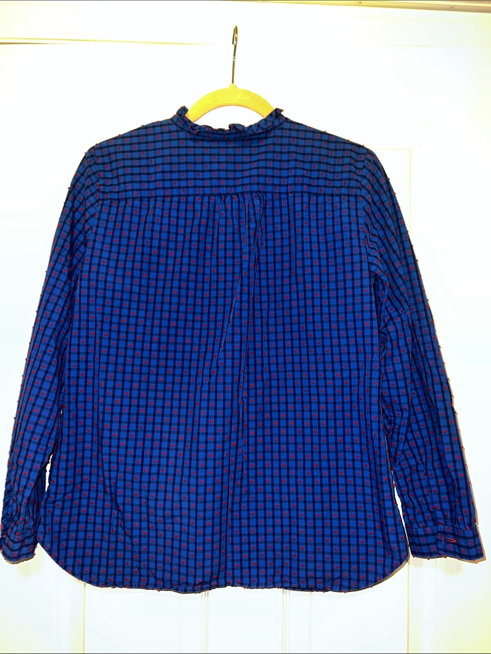 Talbots Navy and Red Checked Ruffle Henley - Picture 7 of 10
